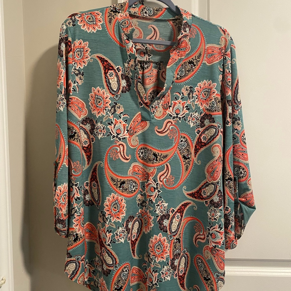 Boho Boutique Paisley Blouse - Teal and Orange Stretch